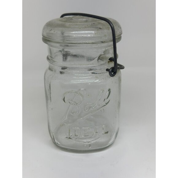 ANTIQUE BALL IDEAL GLASS 12 FL Oz MASON JAR w/Glass Lid Wire Bail - Picture 1 of 5